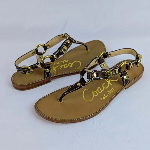 Coach Shoes - Coach Raiven Sandal Leather Flat Thong Ankle Strap Goldtone Tobacco 8.5 NWOB